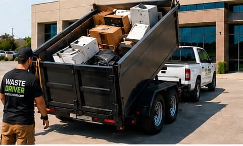 Waste Driver white pickup truck with black end dump trailer
